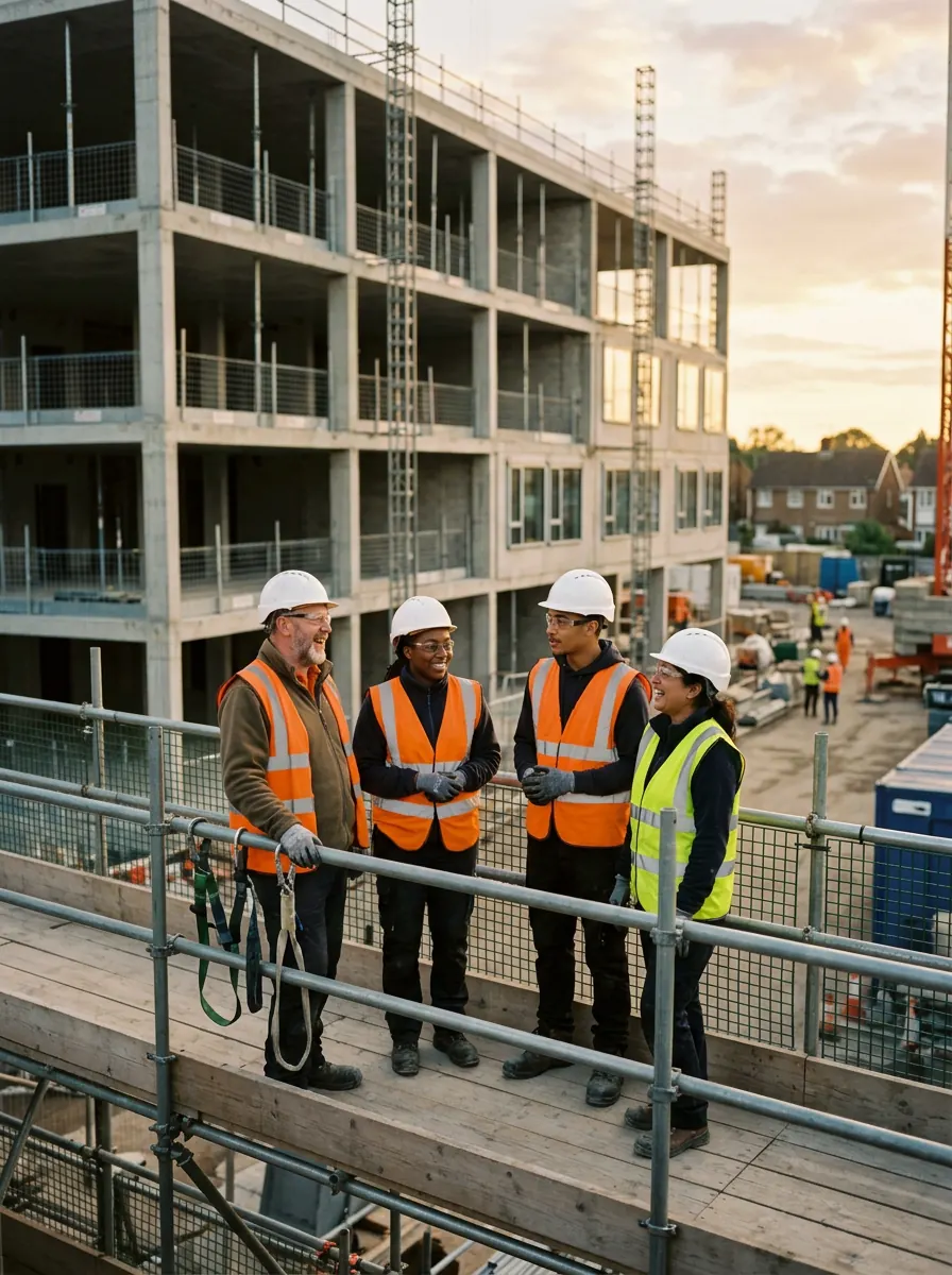 A site team of four in hard hats and hi-vis chatting on a scaffold lift at sunset, with a new concrete-frame building behind them.