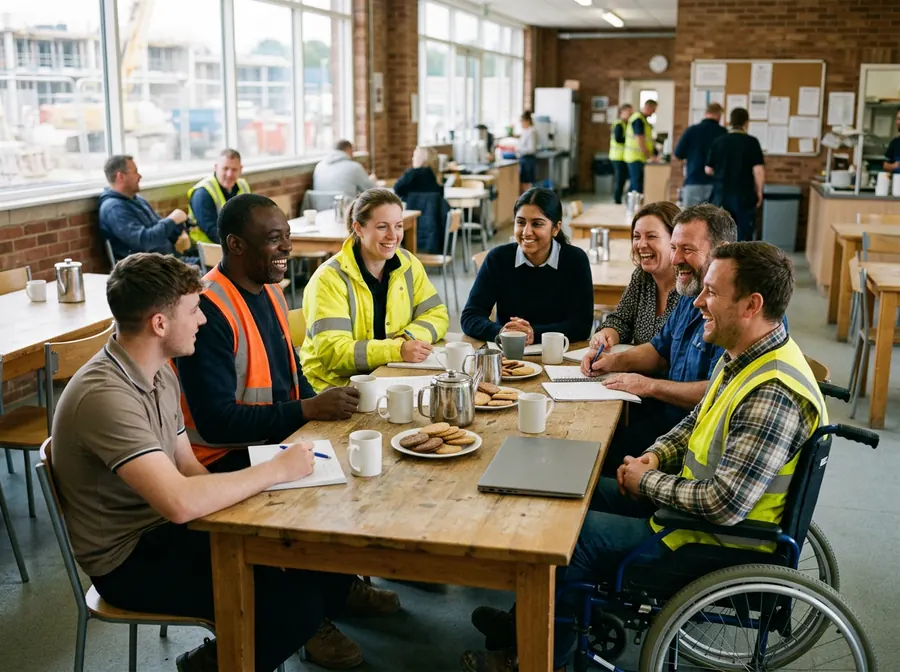 Colleagues of different ages and backgrounds, one using a wheelchair, laughing around a canteen table with tea and biscuits.