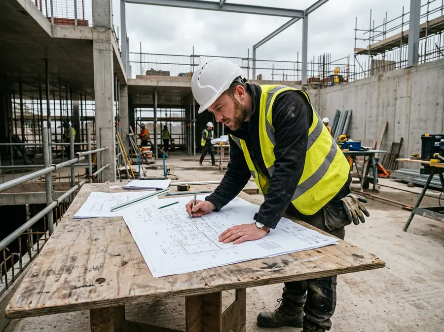 A site manager in a hard hat and hi-vis vest marking up drawings on a plywood table inside a concrete frame.