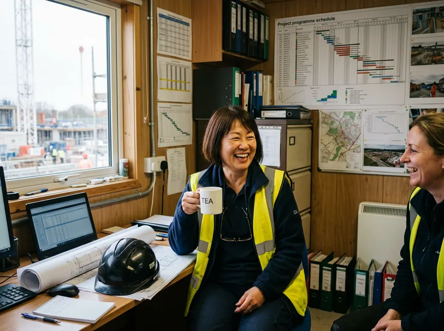 A colleague in a hi-vis vest laughing with a teammate over a mug of tea in a site office, programme charts on the wall.