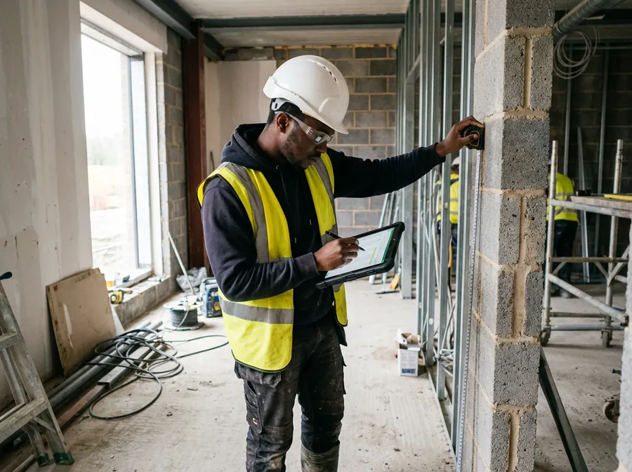 A quantity surveyor in a hard hat and safety glasses measuring blockwork and noting it on a tablet.