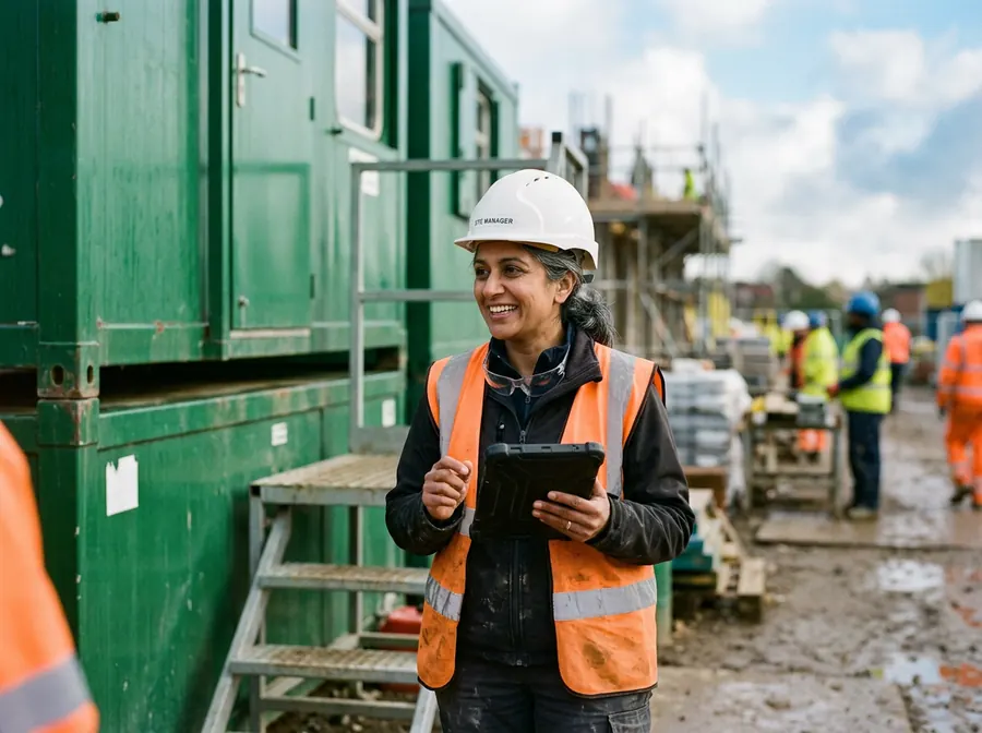 A site manager in a white hard hat and orange hi-vis vest, holding a tablet and smiling beside green site cabins.