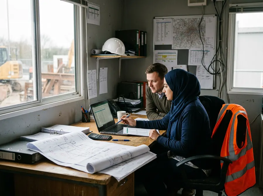 A commercial manager in a hijab reviewing cost reports on a laptop with a colleague in a site office.