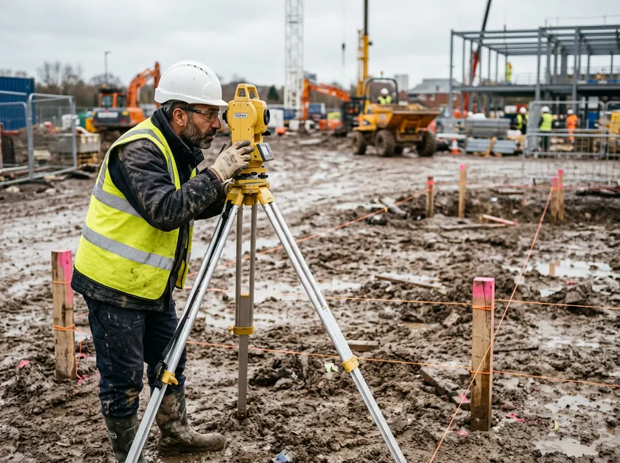 A site engineer in a hard hat and hi-vis vest looking through a total station, with setting-out pegs and string lines.
