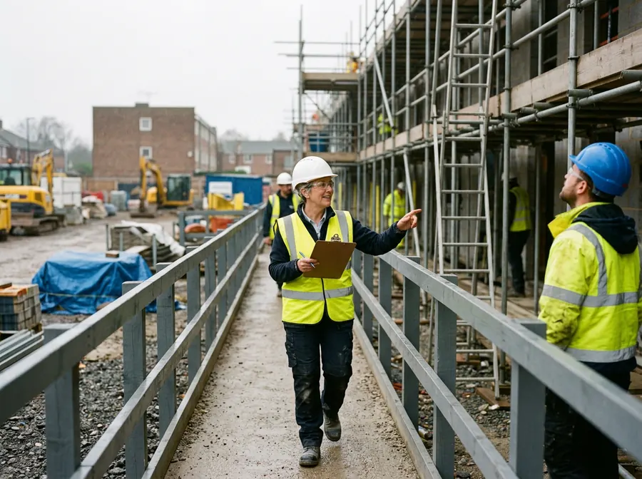 A health and safety advisor with a clipboard walking a fenced site walkway and talking to a colleague by the scaffolding.