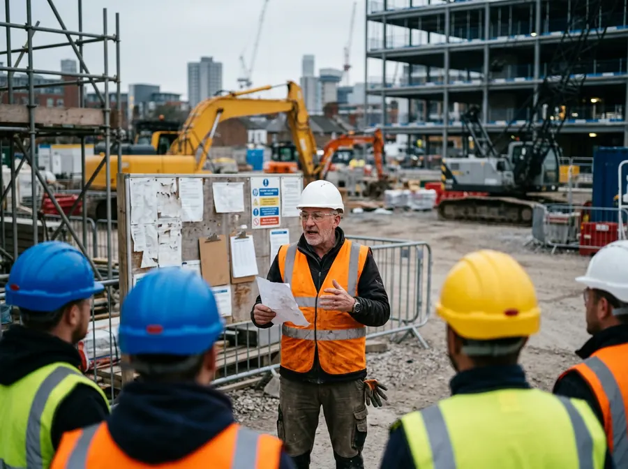 A senior site manager in a hard hat and hi-vis vest giving a morning briefing to a group by the site noticeboard.