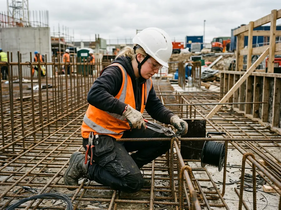 A steel fixer in a hard hat, safety glasses and gloves tying reinforcement bars on a rebar mat.