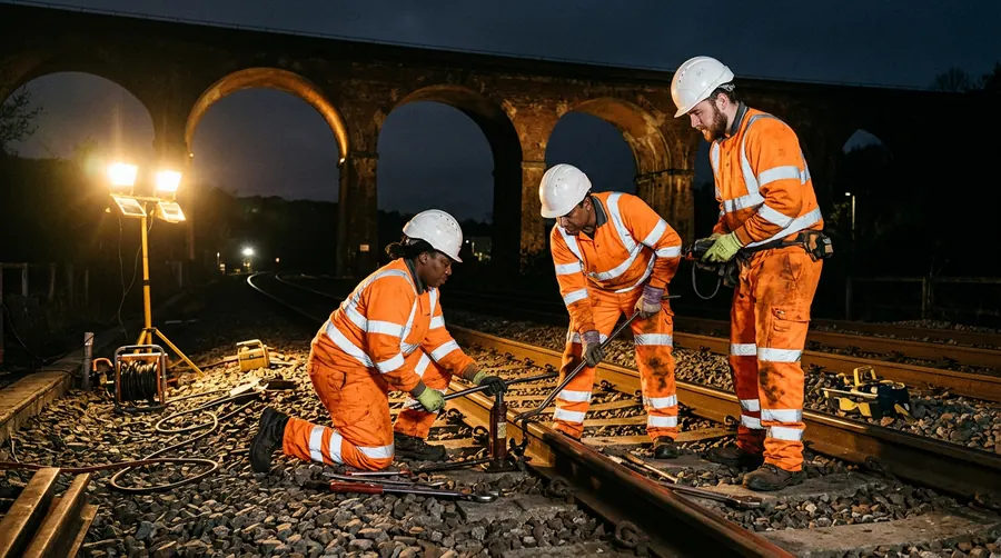 Three rail operatives in orange hi-vis working on the track at night under floodlights, with a brick viaduct behind.